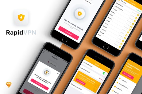 VPN手机应用APP设计UI套件 Rapid VPN mobile app UI Kit