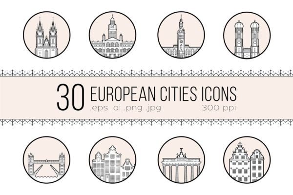 30个欧洲城市的徽章图标集合 Icons