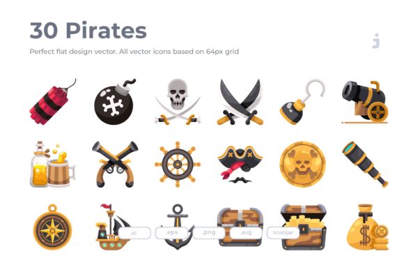30枚海盗主题扁平化图标 30 Pirates Icons &#8211; Flat