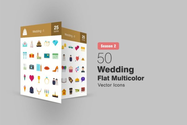50枚婚礼婚宴主题扁平设计风彩色素材天下精选图标 II 50 Wedding Flat Multicolor Icons Season II