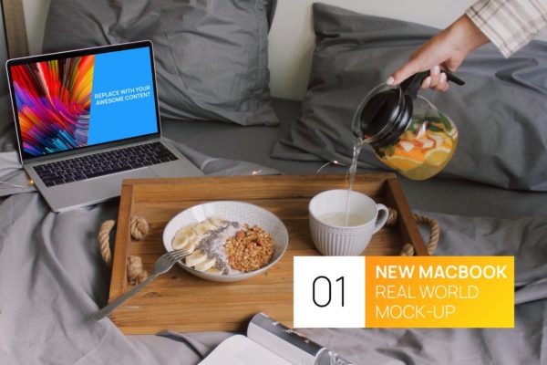 卧室睡床场景MacBook 13笔记本电脑普贤居精选样机模板 New MacBook 13 at Home Real World Mock-up