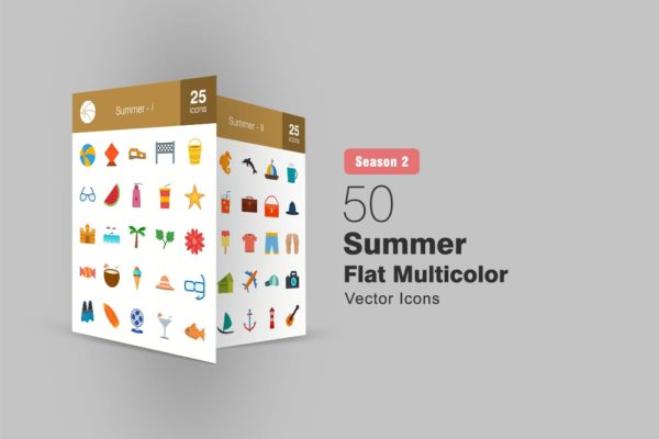 50枚夏天主题扁平化多彩矢量素材天下精选图标 II 50 Summer Flat Multicolor Icons Season II