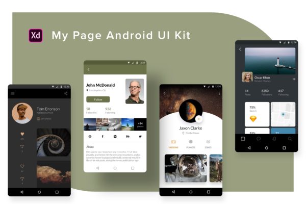安卓APP应用-“我的”UI界面设计XD模板 My Page Android UI Kit (Adobe XD)
