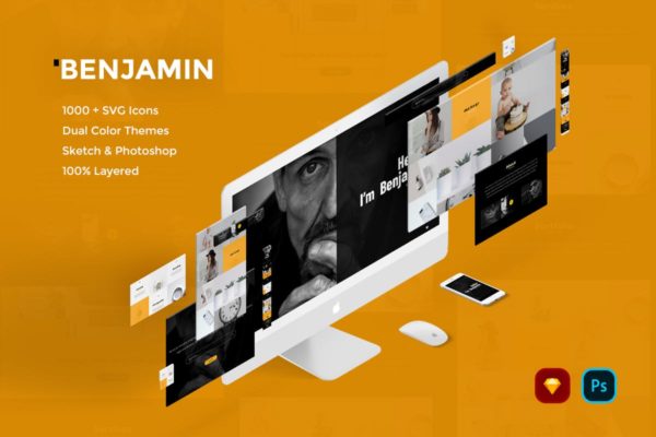 简约创意网站UI设计模板[PSD&amp;Sketch] Benjamin Creative Website UI Kit