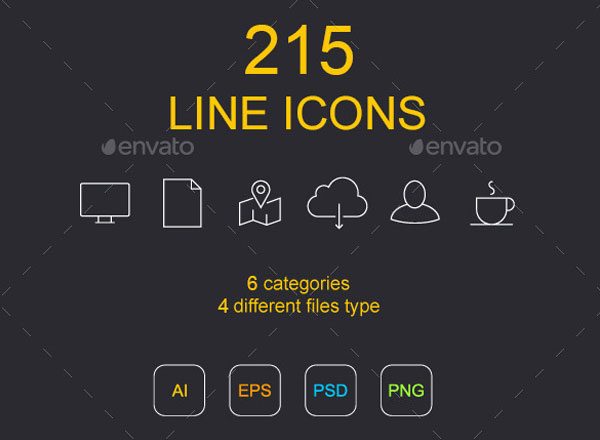 线框图标素材包 215 Line Icons（PSD, EPS, AI, JPG&#038;PNG）