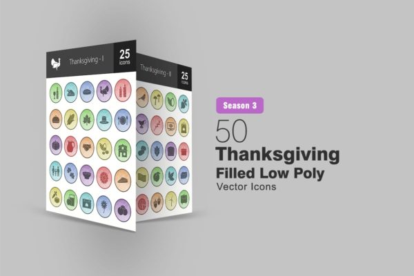 50枚感恩节主题圆形16图库精选图标素材 50 Thanksgiving Filled Low Poly Icons