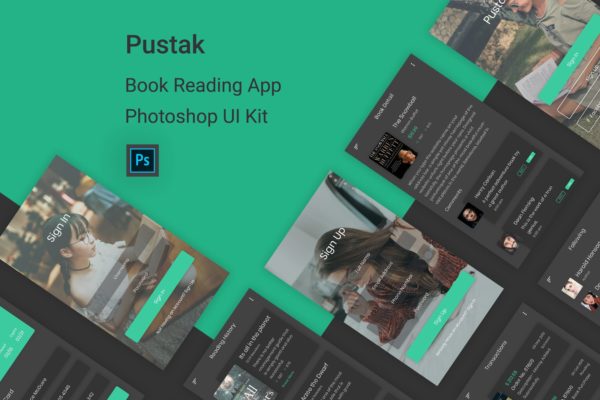 电子书&amp;小说阅读APP应用UI设计PSD模板 Pustak &#8211; Book Reading UI Kit for Photoshop