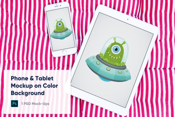 彩色背景平板电脑&amp;手机素材中国精选样机模板 1 Tablet &amp; Phone Mockup on Color Background