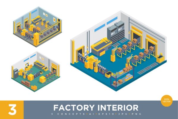 工厂加工场景2.5D等距概念插画v1 3 Isometric Factory Interior Vector Set 1