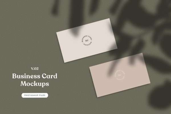 企业名片平铺视图植物阴影背景样机模板v02 ADL &#8211; Business Card Mockup.v02
