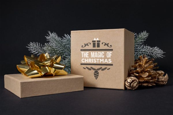 圣诞节场景圣诞节礼盒包装设计效果图样机 Christmas gift box mockup