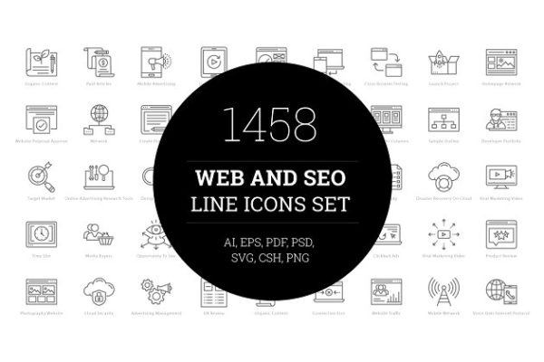 1458个Web&amp;Seo网络营销主题线条图标 1458 Web and Seo Line Icons Set