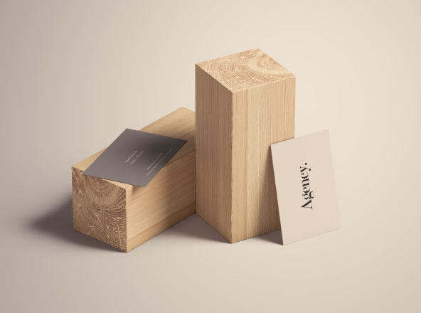 木块场景企业名片设计效果图样机 Business Card Mockup on Wood Blocks