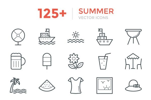 125+夏季游玩矢量线条图标 125+ Summer Vector Icons