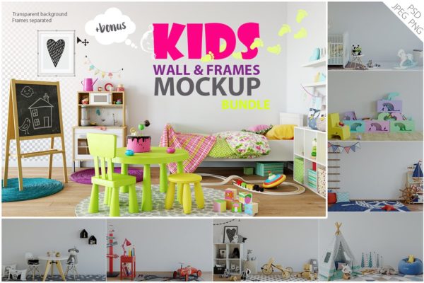 儿童主题室内墙纸设计展示和相框画框样机 Kids Interior Wall &amp; Frames Mockup 1