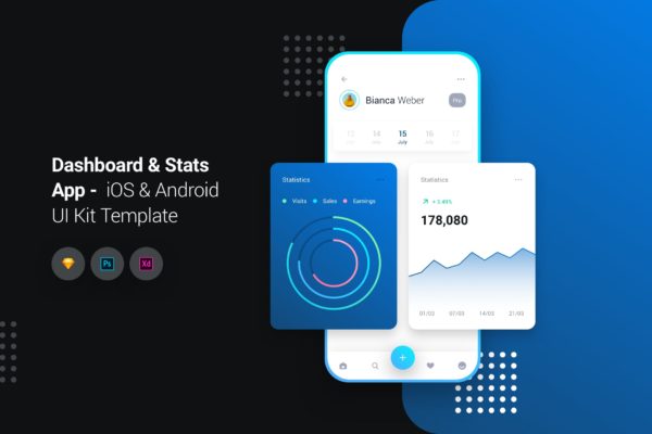 iOS&amp;Android应用数据统计仪表盘UI设计套件 Dashboard App iOS &amp; Android UI Kit Template