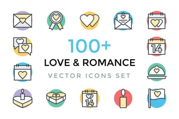 100+浪漫爱情矢量图标 100+ Love and Romance Vector Icons