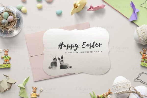 可爱复活节兔子彩蛋元素贺卡模板 Easter A7 Bracket Card Set Mock Ups