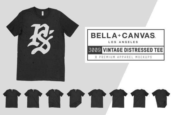 黑色印花T恤服装样机 Bella Canvas 3009 Distressed T-Shirt