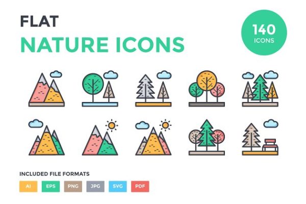 125多个大自然资源图标集  125+ Flat Nature Icons Set