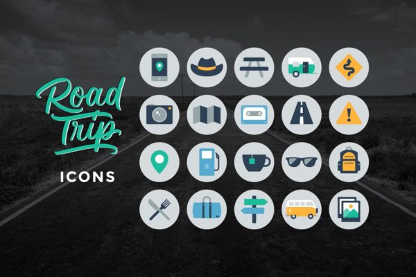 公路旅行主题圆形矢量16素材精选图标 Road Trip Icons