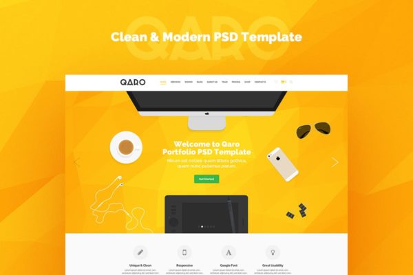 创意产品现代简约风PSD网站模板 QARO &#8211; Clean &amp; Modern PSD Template