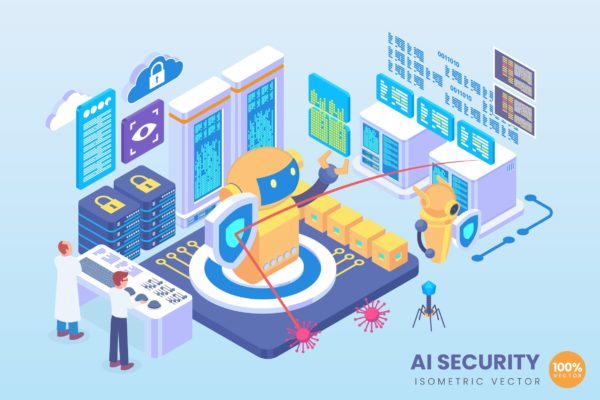 人工智能安全技术等距矢量16图库精选科技概念插画 Isometric AI Security Technology Vector Concept