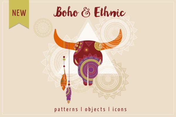 波希米亚部落文化纹理+图标 Boho &amp; Ethnic set. Patterns + icons