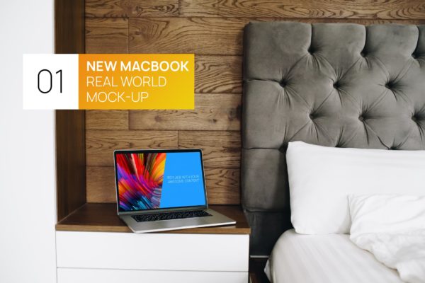 卧室场景MacBook Pro笔记本电脑屏幕演示16图库精选样机 Interior MacBook Pro Touchbar Real World Mock-up