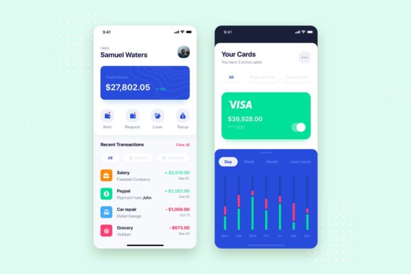 电子银行APP应用主页&amp;银行卡管理界面UI设计16图库精选模板 Banking Wallet Mobile App UI Kit Template