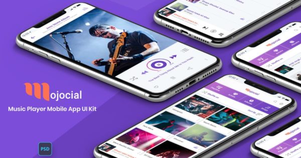 网络音乐APP应用UI界面设计套件 Mojocial-Music Player Mobile App UI Kit
