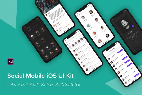 iOS平台社交媒体APP应用UI设计套件[for XD] Social Mobile iOS UI Kit (Adobe XD)