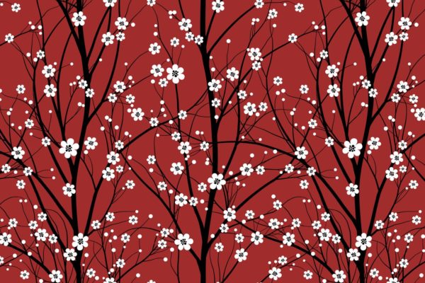 鲜花盛开的樱桃树手绘图案无缝纹理