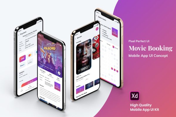 电影在线订票网上选座APP应用UI界面设计XD模板[日间模式版本] Movie Booking MobileApp UI Kit Light Version (XD)