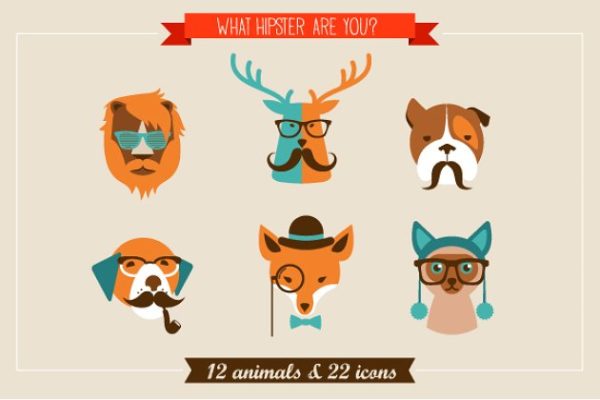 怪诞动物图标集 Hipster Animals &amp; 22 icons