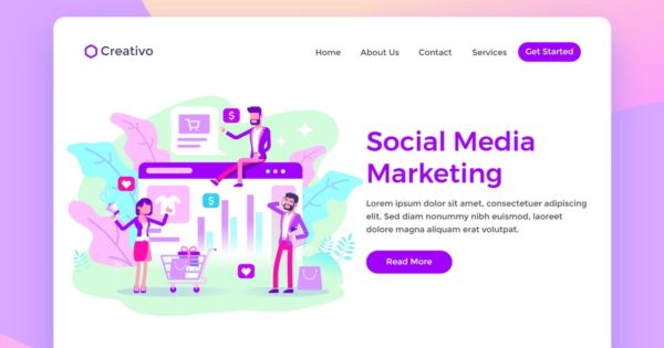 社交媒体营销场景插画网站着陆页设计模板 Social Media Marketing Team Ecommerce Landing Page