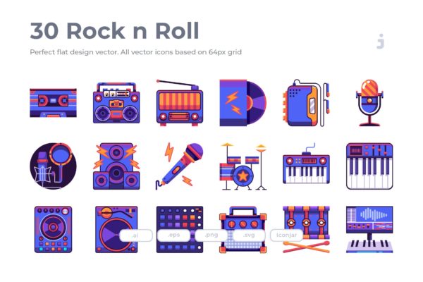 30枚摇滚音乐主题扁平化图标 30 Rock n Roll Icons &#8211; Flat