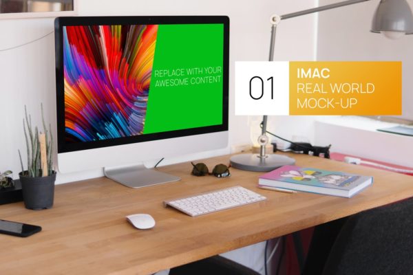 简约实木办公桌场景27寸iMac一体机电脑素材中国精选样机 Wooden Desk iMac 27 Real World Mock-up