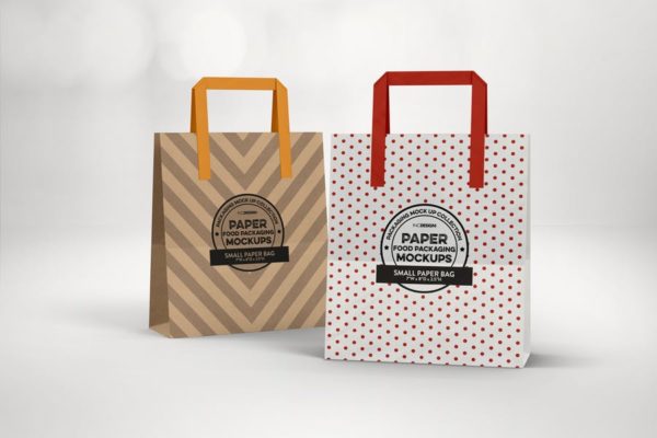 购物纸袋外观设计效果预览素材天下精选 Small Bags with Flat Handles Packaging Mockup