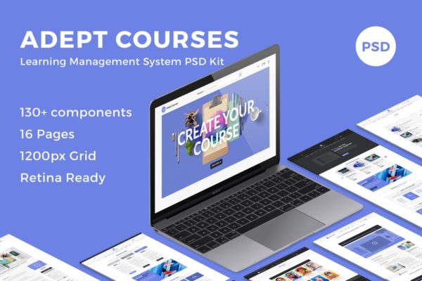 在线学习系统官网设计PSD模板 Adept Courses &#8211; Learning Management System PSD Kit