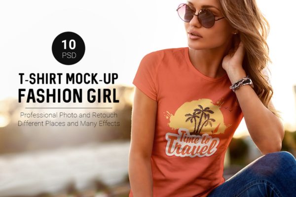 时尚女孩夏季T恤样机 T-Shirt Mock-Up Fashion Girl