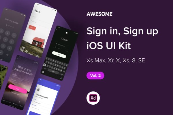 iOS平台APP应用注册登录界面设计XD模板v2 Awesome iOS UI Kit &#8211; Sign in, Sign up Vol. 2 (XD)