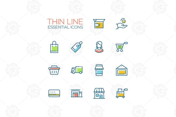 电商购物&amp;物流配送主题矢量图标合集 Shopping and Delivery Symbols &#8211; thin line icons