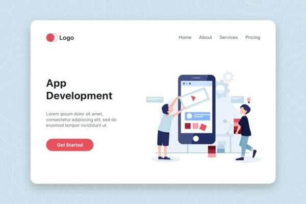 移动应用开发主题网站首页设计概念插画 Mobile app development concept landing page tempt