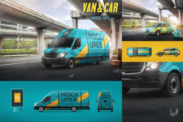 小货车＆汽车车身广告设计效果图样机普贤居精选模板 Van &amp; Car Mock-Ups (2 PSD)