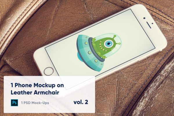 皮革扶手椅上iPhone手机UI设计演示16图库精选样机模板v1 1 Phone Mockup on Leather Armchair Vol. 1