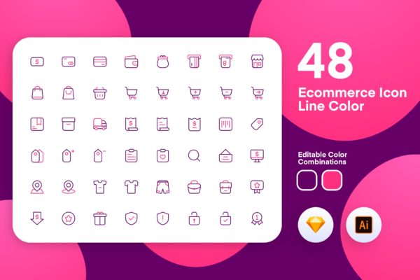 48枚电子商务主题彩色矢量线性16设计素材网精选图标 eComerce Icon Line Color