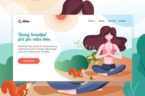 网站着陆页设计瑜伽女郎矢量插画素材v1 Young Beautiful Girl Spa web template Landing Page