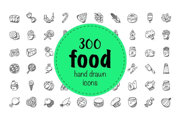 300枚食物主题手绘涂鸦图标 300 Food Hand Drawn Doodles Icons