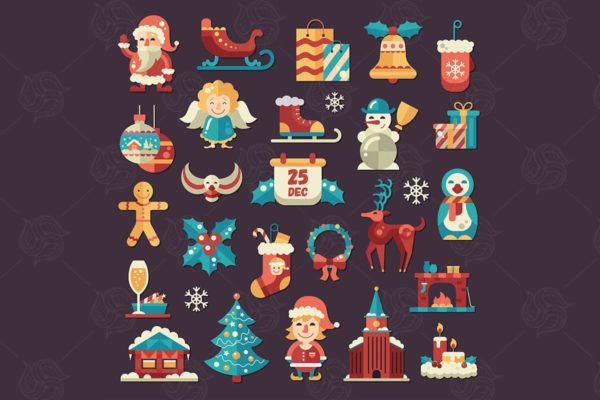 圣诞节&amp;新年节日主题元素图标合集 Christmas and Happy New Year Icons Set